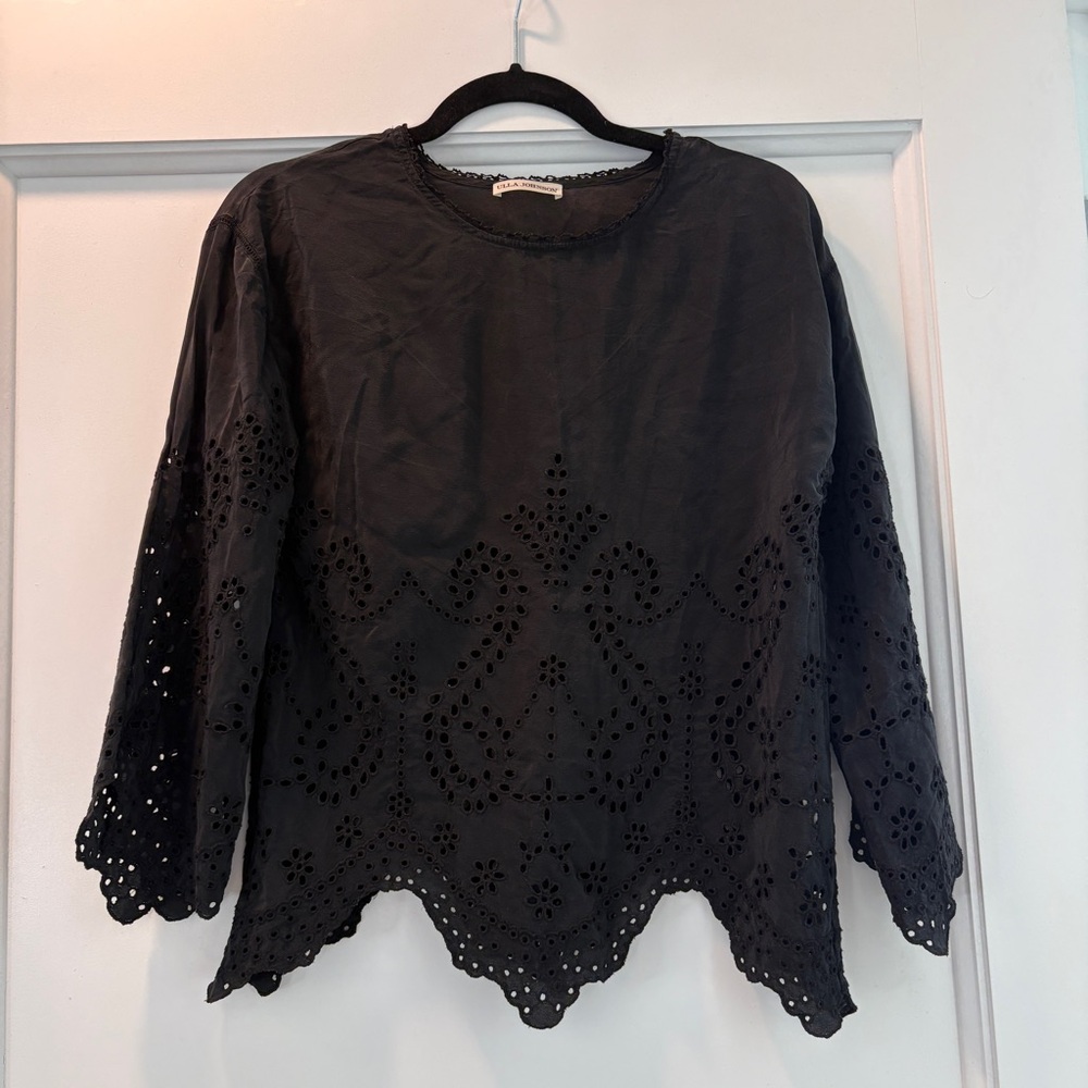 Ulla Johnson Black Silk Eyelet Top